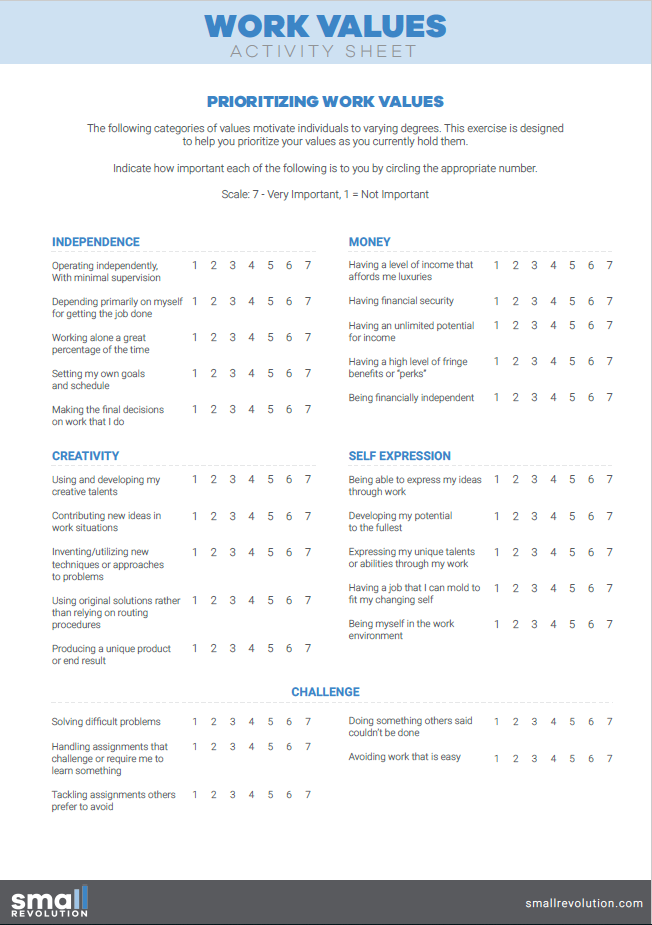 Work Values Activity Sheet