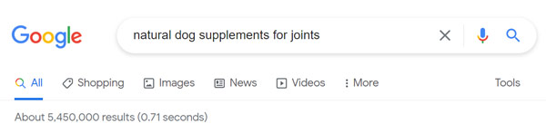 Google search results of the ‘natural dog supplements for joints’ keyword