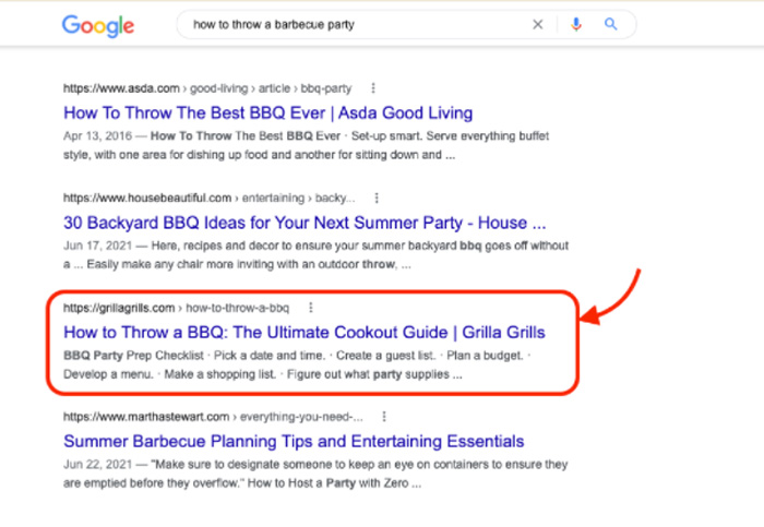 Grilla grill ranking on first SERP with long form guide