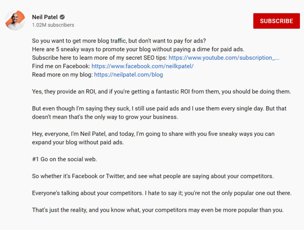 Neil Patel video description also acts as a blog post