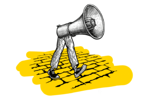 Illustration of legs and megaphone on yellow brick road