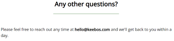  Keebos FAQ showing email address for further contact