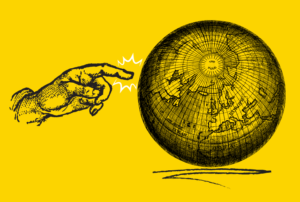 hand pointing at a globe