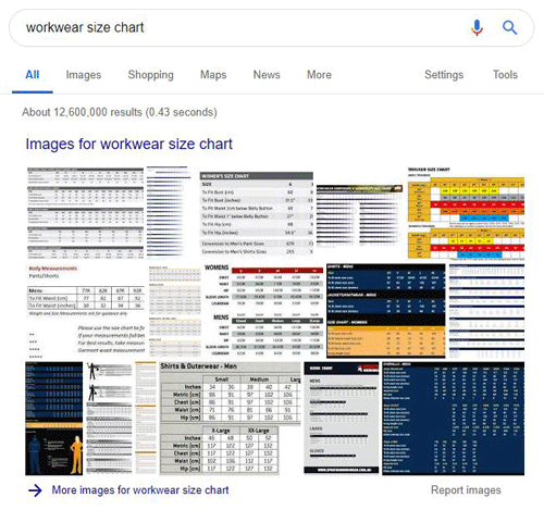 SERP workwear size chart