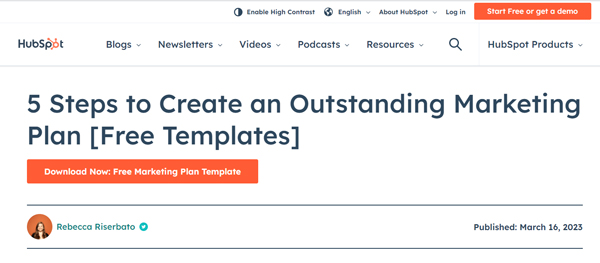 An article from Hubspot that includes the title and a CTA to download a template